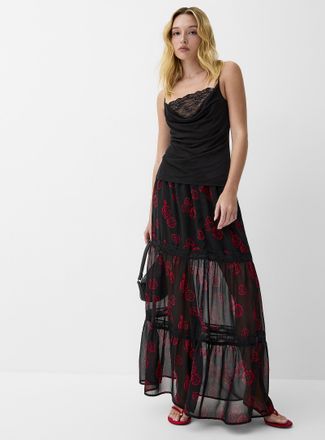 Icone Womens Chiffon and lace tiered maxi skirt