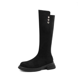 Generic Womens Suede Knee-High Boots Round Toe Metal Button Detail Thick Platform Sole Side Zipper Stretch Upper Soft Lining Cushioned Insole Durable Outsole,