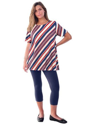 Roaman's Plus Size Ultimate Cotton Crewneck Short Sleeve Swing Tee in Evening Blue Diagonal Stripe at Nordstrom, Size Medium