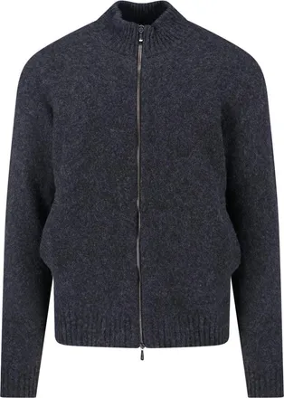 Drumohr Grey Wool High Collar Zip-Through Knit