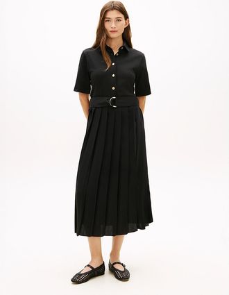 Tommy Hilfiger Womens Mix Media Pleated Midi Dress - Black - XL