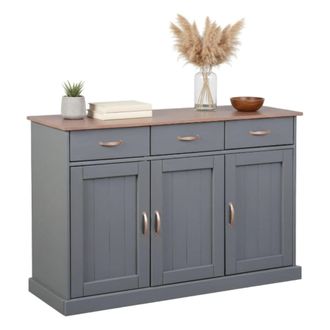 Dmora Buffet &Agrave; 3 Portes Et 3 Tiroirs, En Pin Massif Peint En Gris Avec Plateau Et Finitions Marron, 131x45x86 Cm - Dmora