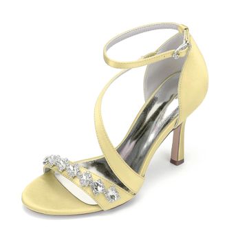Generic Womens Bridal Satin Stiletto Sandals Dress Weddin Heel Formal Rhinestone Evening High Heels 9.5Cm,Yellow,10 UK