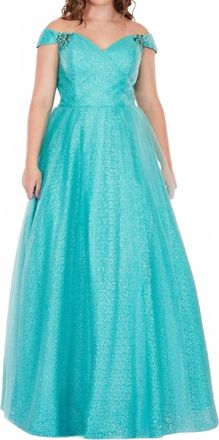 Rachel Allan Sequin Tulle Off-The-Shoulder Prom Gown In Aqua Mint
