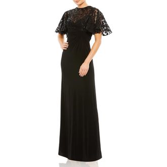 Mac Duggal Embellished Butterfly Cape Sleeve Jersey Gown in Black at Nordstrom, Size 12