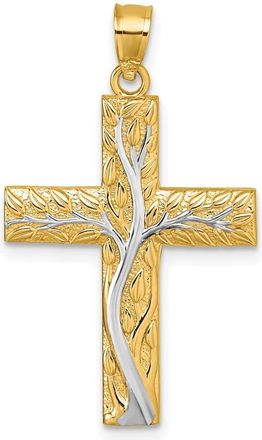 Diamond2Deal 14k Yellow Gold and Rhodium Polished Floral Tree with Leaves Hollow Back Cross Pendant