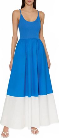 Milly Cami Knit Poplin Blocked Midi Dress In Blue/white
