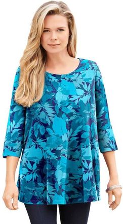 Roaman's Plus Size Ultimate Three Quarter Sleeve Swing Tee in Navy Layered Leaves at Nordstrom, Size 24