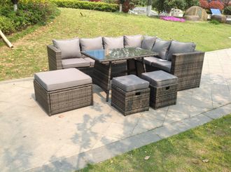 Fimous 9 Seater Grey Rattan Corner Sofa Set Dining Table with 2 Small Footstool Garden Furniture Outdoor in Dark Grey