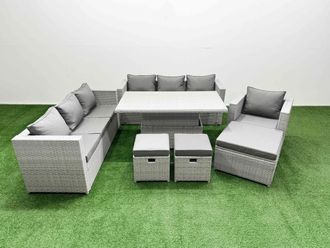 Fimous 6 PCs Rising Dining Table Set Rattan Furniture Set with 3 Seater Sofa in Light Grey