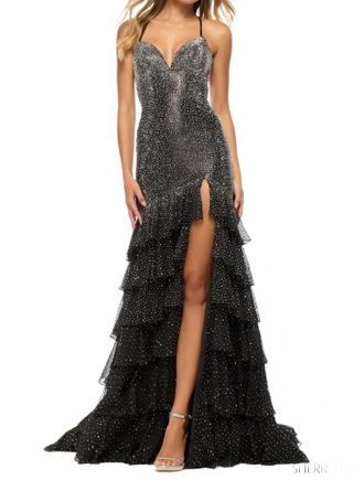 Sherri Hill Tiered Ruffle Skirt Hot Fix Dress In Black/silver