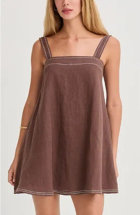Crescent Contrast Stitch Square Neck Linen Mini Dress in Brown at Nordstrom, Size X-Small