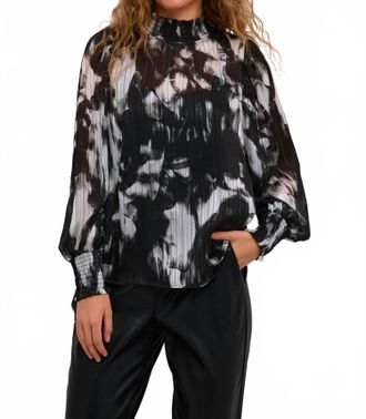 Kaffe Kalifa Chiffon Mock Neck Blouse In Black Grey Blurry Graphics