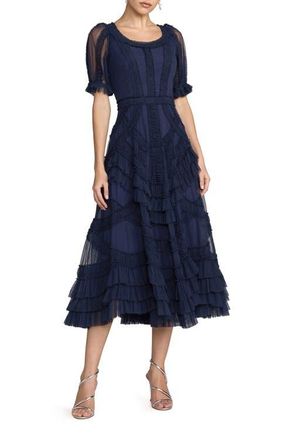 Mac Duggal Short Sleeve Micro Ruffle Midi Dress in Indigo at Nordstrom, Size 12