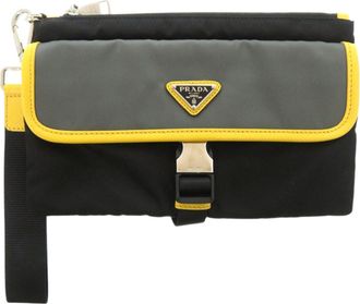 Prada Black Gray Yellow Leather Tessuto Clutch Bag (Pre-Owned)