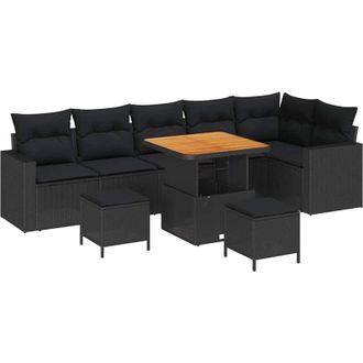 vidaXL Conjunto De Sof&aacute; De Jard&iacute;n Con Coj&iacute;n 9 Pcs Negro