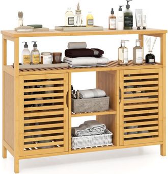 Costway Bamboo Bathroom Cabinet 2-Door Storage Organizer with Shelves-Natural
