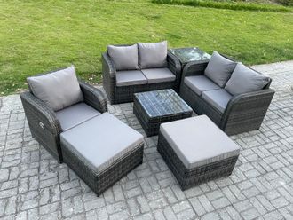 Fimous PE Rattan Garden Furniture Sets Outdoor Love Sofa Chair Set Square Coffee Table Side Table 2 Big Footstool in Dark Grey