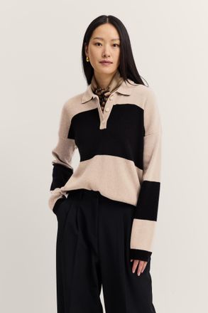 Bugatti Damen Gebreide polo met lange mouwen van een kasjmiermix met knoopsluiting