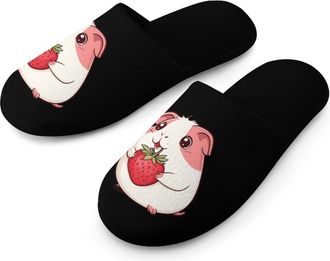 Generic Cute Guinea Pigs Holding Strawberry Mens Flannel Slipper Soft Non Slip House Shoes Comfy Winter Warm Indoor Outdoor Slippers