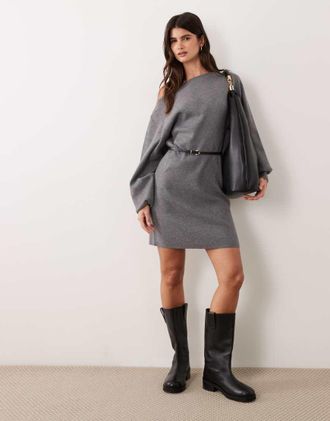 Asos vestito maglia con cintura e scollo a barchetta in antracite-Grigio