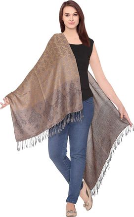 World of Shawls Ladies Floral Paisley Bordered Pashmina Feel Shawl Scarf Wrap Stole Luxuriously Warm Soft and Silky Touch (Gold/Brown_5234)