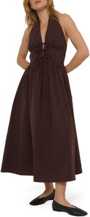 Nobody's Child Lilijana Tie Front Halter Organic Cotton Midi Dress in Brown at Nordstrom, Size 12