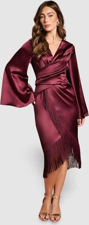 Coast Satin Fringe Hem Wrap Waist Midi Dress in Burgundy at Nordstrom, Size 10