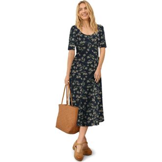 Pact Fit & Flare Signature Scoop Dress Made With Organic Cotton in Painted Petals Midnight Blue at Nordstrom, Size Large