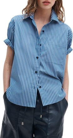 Rag & Bone Connie Stripe Short Sleeve Poplin Button-Up Shirt in Blue Stripe at Nordstrom, Size X-Large