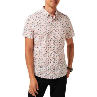 Travis Mathew Something New Floral Short Sleeve Stretch Cotton Blend Button-Up Shirt in Moonbeam at Nordstrom Rack, Size Xx-Large