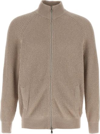 Brunello Cucinelli Half-Ribge Katoenen Gaas Cardigan - Heren - Vesten - Beige - M - Katoen - Truien & Vesten