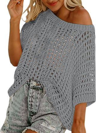 Generic Crochet Tops for Women UK, Long Sleeve Off Shoulder Hollow Out Fishnet Knitted Cover Up Jumpers Beach Casual Pullover Tops Crochet Cardigans for Women