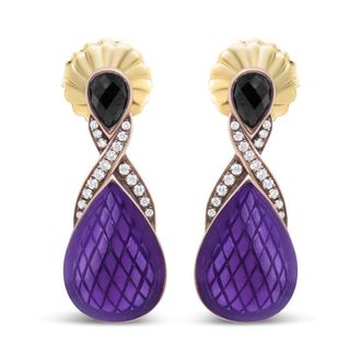 House of Brilliance 18K Rose Gold Flash Plated.925 Sterling Silver Purple Enamel 1/5 Cttw Diamond and 5.5 x 4mm Pear-Shaped Black Onyx Drop Earrings
