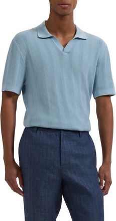 Bugatchi Johnny Collar Basket Stitch Cotton Blend Short Sleeve Sweater in Ether at Nordstrom, Size Xx-Large