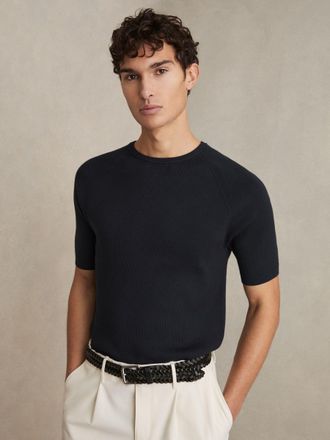 Reiss Mens Navy Ribbed Knit Crew T-shirt, Xxl