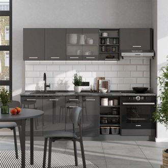 Vicco Mueble De Cocina R-line, Antracita Brillo Intenso/antracita, 240 Cm, Et Roble