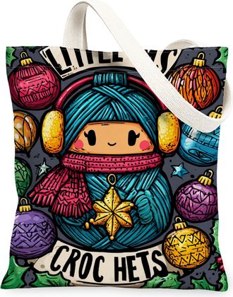 Generic Winter Holiday Canvas Tote Bags, Festive Ornament Pattern Reusable Bags, Vintage Lightweight Washable Shoulder Strap Canvas, Multicolor, 13x15 Inch