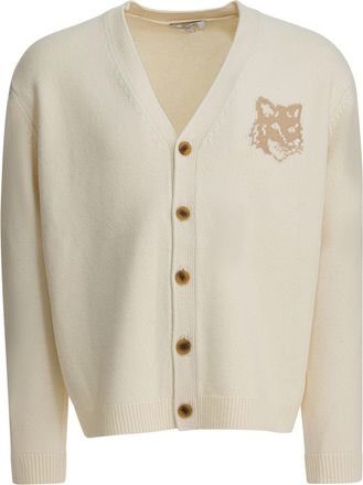 Maison Kitsuné Wool Cardigan With Fox Head Knitwear Beige-Uomo