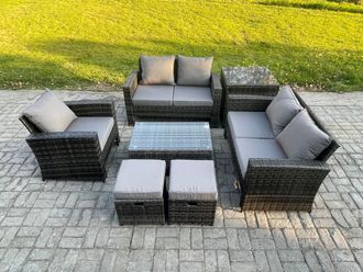Fimous Rattan Garden Furniture Set 7 Seater Patio Outdoor Lounge Sofa Chair Set with Side Table Rectangular Coffee Table 2 Small Footstools