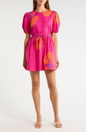 Sugarlips Oreanna Floral Alba Drawstring Waist Cotton Minidress in Fuchsia-Orange at Nordstrom, Size X-Large