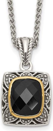 Diamond2Deal Sterling Silver with 14K Accent Checkerboard-cut Black Onyx Pendant Necklace