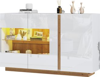 STILVORA Aparador Con 3 Puertas, Led Rgb Y Puertas De Vidrio, Acabado Brillante Para Sal&oacute;n En Tablero, 138 &times; 38,5 &times; 90,5 Cm
