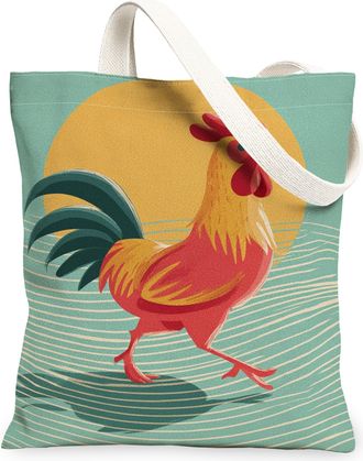 Generic Vintage Rooster Canvas Tote Bag, Colorful Farm Animal Pattern Reusable Grocery Bags, Lightweight Washable Shoulder Strap to, Multicolor, 13x15 Inch