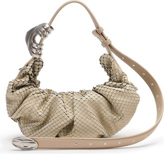 Diesel Grab-D-Scrunched hobo bag in textured leather - Shoulder Bags - Woman - Beige
