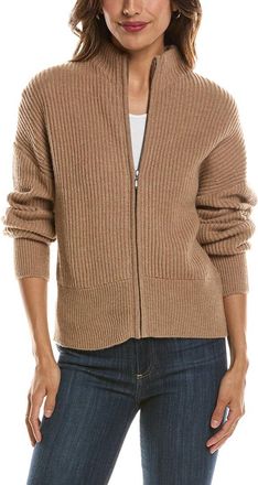 Fort&eacute; Cashmere Rib Zip Mock Neck 100% Cashmere Cardigan