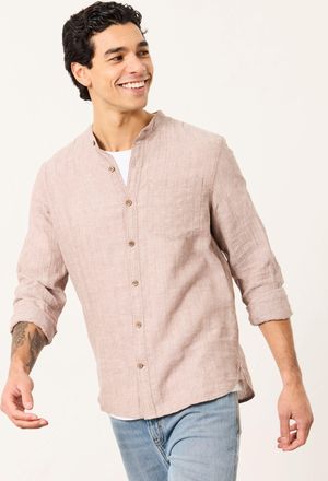 Fat Face FatFace Bugle Dark Natural Bold Stripe Long Sleeve Grandad Linen Cotton Shirt