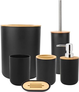 OEM Juego De 6 Jaboneras Para Ba&ntilde;o, Portacepillos De Dientes, Vaso Para Enjuague Bucal, Botella De Loci&oacute;n Y Accesorios, Color Negro