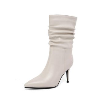 Generic Women Elegant Pointed Toe Ankle Boots with Slip-On Style, 8.5cm,Beige,1.5 UK