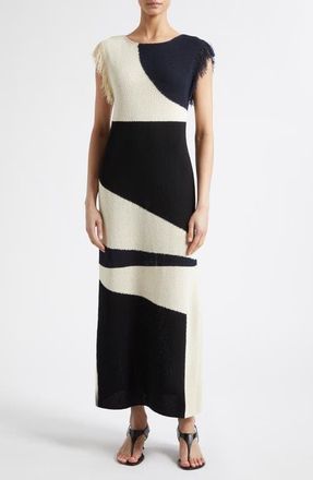 Proenza Schouler Saskia Colorblock Intarsia Textured Fringe Midi Sweater Dress in Sand Multi at Nordstrom, Size Medium